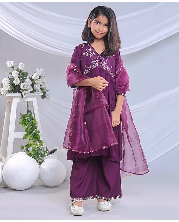 misbis Silk Blend Three Fourth Sleeves Floral Embroidered & Sequins Embellished Kurta Palazzo & Dupatta Set - Wine